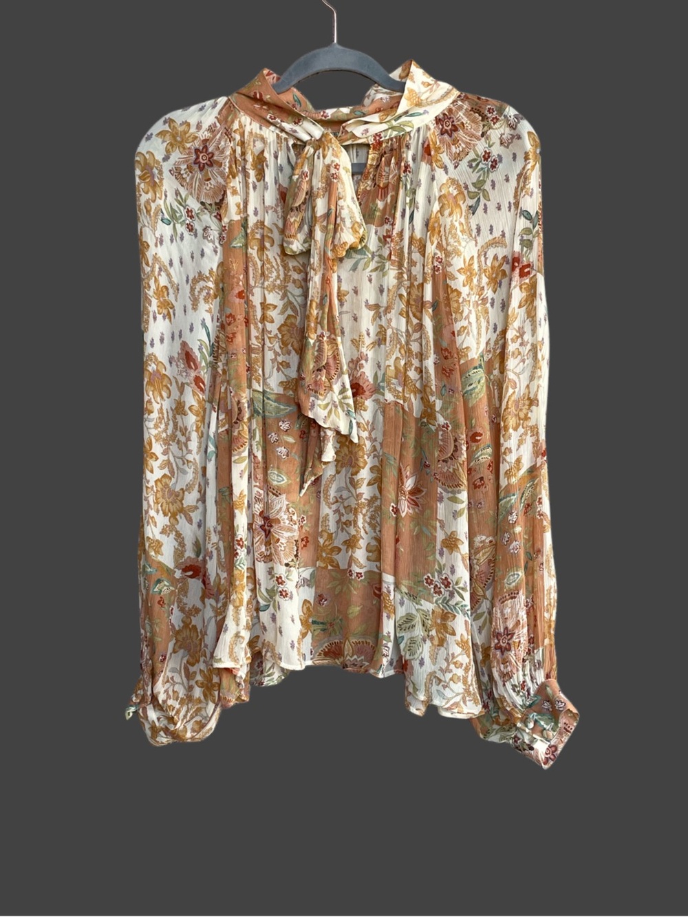 SEZANE Orange Tan Boho Floral Patchwork Flowy Chiffon Tie Back Solange Blouse - Picture 5 of 17
